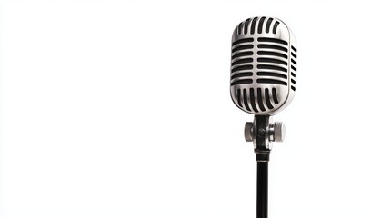 Classic vintage microphone with chrome finish, isolated on a white background, retro broadcasting and music performance concept