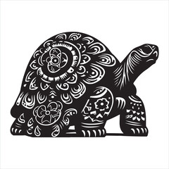 tortoise in folk art black and white  silhouette on white background
