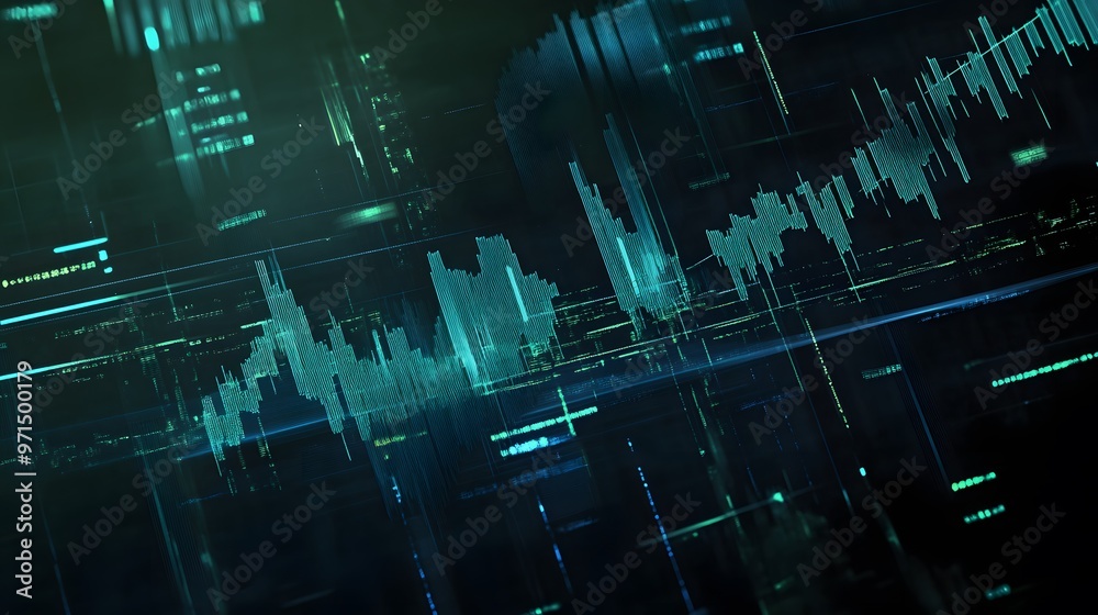 Poster abstract blue and green digital data display with a fluctuating line graph.