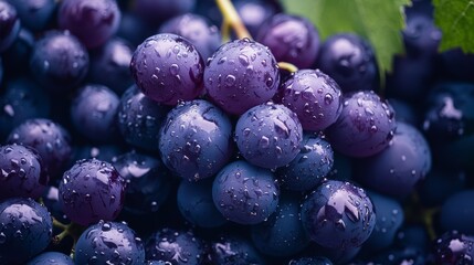  A tight shot of ripe grapes with dewdrops glistening on them, against a backdrop of a verdant green leaf