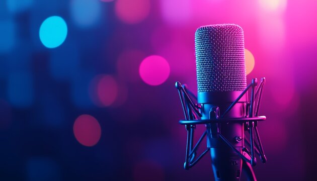 Dynamic lighting on studio microphone, vibrant pink and blue hues, high-quality sound recording equipment, podcast or vocal booth setting
