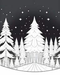 Obraz premium A black and white drawing of a forest with trees and snow on it.