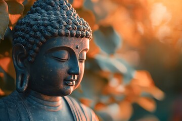 Buddha statue meditating with eyes closed in garden