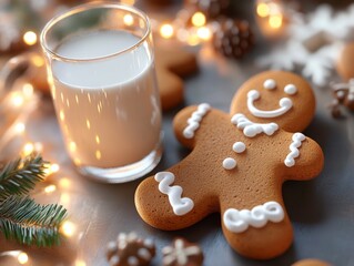 Fototapeta premium Gingerbread Man with Milk and Festive Lights