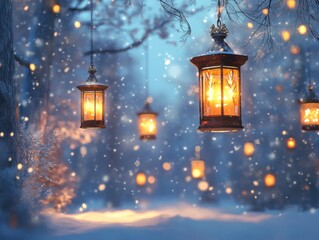 Illuminated Lanterns Hanging in a Snowy Winter Forest