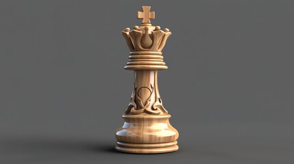 A wooden chess queen piece on a gray background.