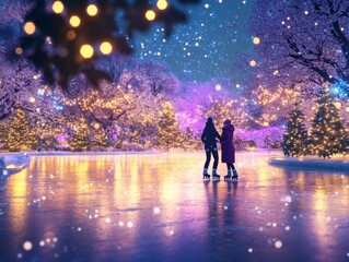 Obraz premium Couple Ice Skating Under Twinkling Christmas Lights at Night