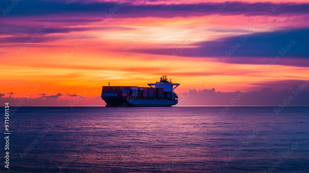 Sticker A cargo ship sails on a calm sea at sunset, with a colorful sky overhead.