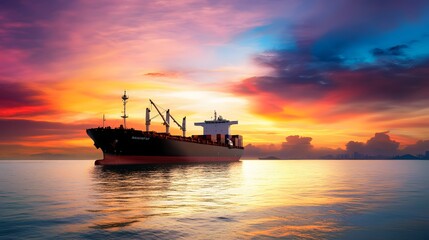 Obraz premium Cargo ship sails past a vibrant sunset on the open water.