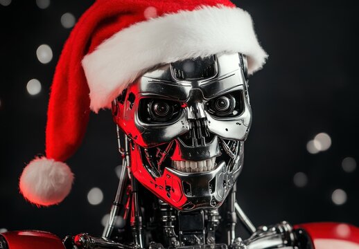 Robot in Santa Claus hat celebrating Christmas, shiny chrome texture, on black background