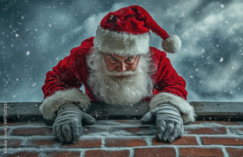 Poster santa claus on the roof, he is crawling out from the chimney and looking down at the viewer with an 