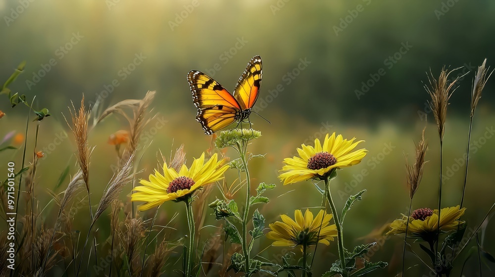 Wall mural  A yellow butterfly atop a yellow flower amidst a field of tall grass and wildflowers