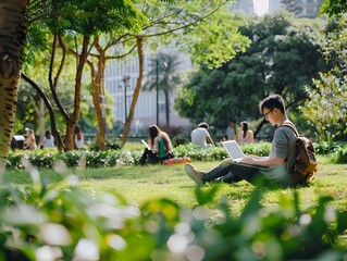 Peaceful urban park setting with digital nomads enjoying outdoor workspaces amidst green foliage