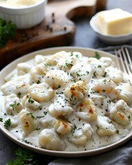 Savory potato gnocchi in creamy white sauce, garnished with parmesan and fresh herbs