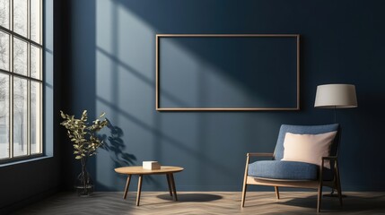 Minimalist Living Room Interior with Dark Blue Wall and Scandinavian Design