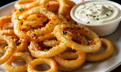 Crispy, golden onion rings served with creamy dipping sauce, garnished parsley
