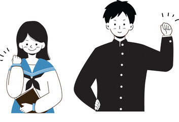 ガッツポーズをする制服を着た学生の男女