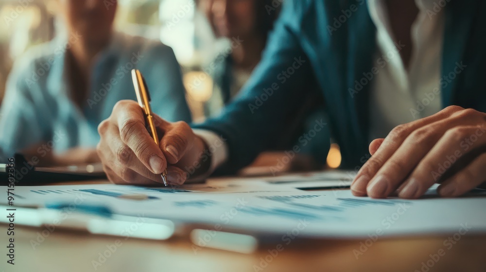 Poster close-up of a businessperson reviewing financial reports with a pen, focusing on data and strategy i