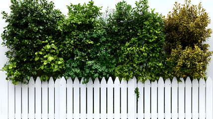 Fototapeta premium A lush hedge atop a white picket fence creates a vibrant garden scene.