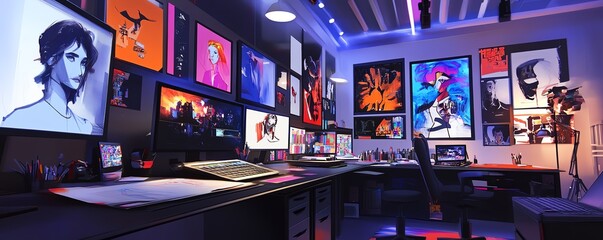 Creative workspace with multiple monitors, colorful artwork, and gaming setup. Vibrant and modern studio environment for professionals.