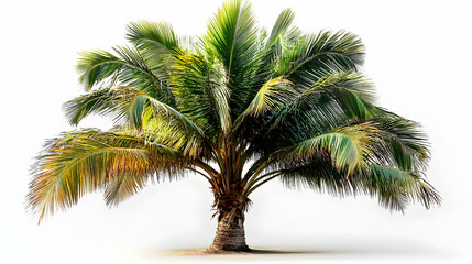 A lush palm tree with vibrant green fronds and a sturdy trunk against a light background.