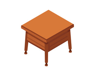 Isometric wooden bedside table. Dark brown wood surface, simple shaped desk. Vector illustration isolated on white background