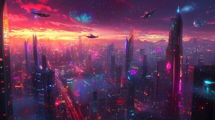Obraz premium Futuristic cityscape at sunset with flying cars and towering skyscrapers, illuminated by neon lights under a stunning sky.