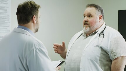 Obraz premium Two doctors discuss a patient's case in a hospital room.