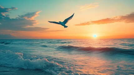 Naklejka premium Bird flying over ocean at sunset