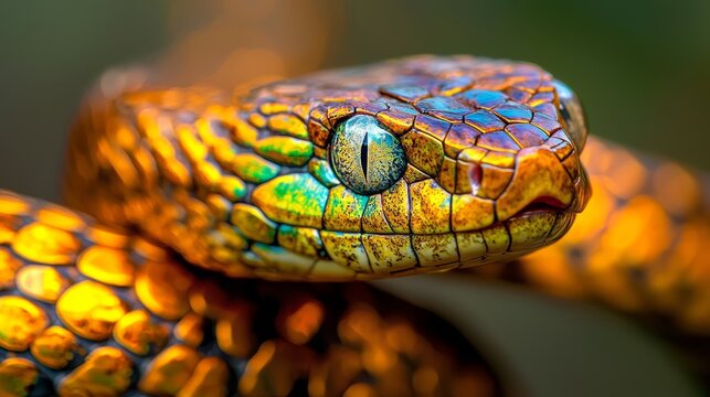  A tight shot of a snake's head, displaying green and yellow stripes at its rear end