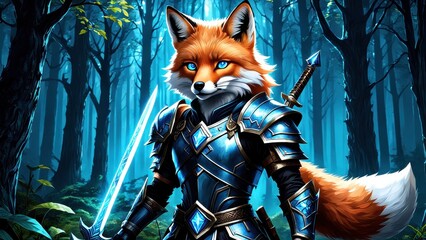A fox in knight armor stands in a mystical forest, wielding a glowing sword.