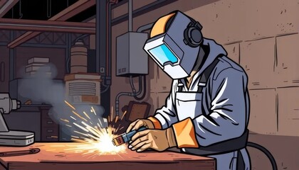 Industrial Worker Welding Metal in Workshop