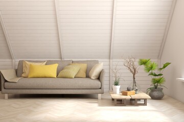 White living room with sofa. Scandinavian interior design. 3D illustration