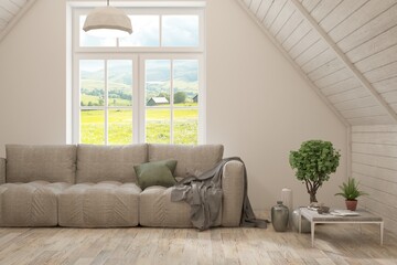 White living room with sofa and summer landscape in window. Scandinavian interior design. 3D illustration