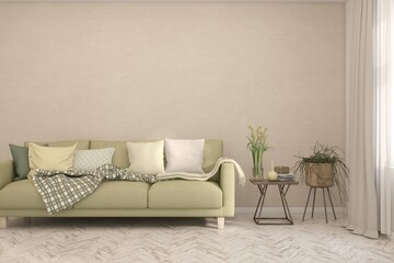 White living room with sofa. Scandinavian interior design. 3D illustration