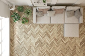Top view of white bedroom concept with concrete floor. Scandinavian interior design. 3D illustration