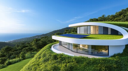 Fototapeta premium A house with a green roof on top of the hill, AI