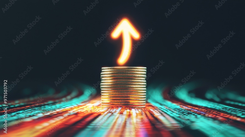Poster a coin stack transforming into an arrow pointing upward, with abstract digital patterns surrounding 