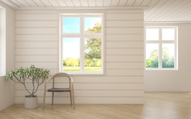 White empty room with summer landscape in window. Scandinavian interior design. 3D illustration