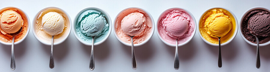 Ice cream in different colors and flavors, on a white background