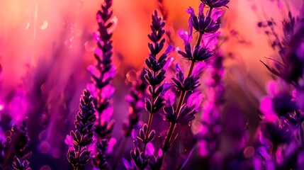 Obraz premium A tight shot of multiple purple blooms against a backdrop of pink and orange sky