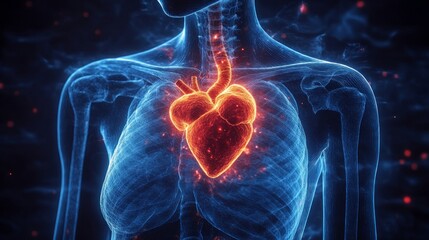 CT scan of head and body Detailed anatomy of body organs, brain, heart, lungs. and the chest area from the neck down With a blue background, the details about the heart come out clearly.