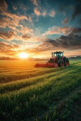 Tractor in Field at Sunset