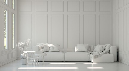Grey living room concept with sofa. 3D illustration