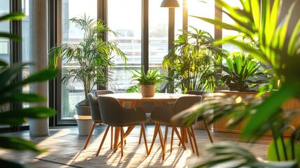 A modern dining area with large windows and lush greenery, bathed in warm sunlight.