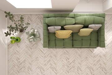 Top view of white bedroom concept with concrete floor. Scandinavian interior design. 3D illustration