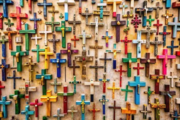 Fototapeta premium Crosses of various sizes and colors painted on a wall, a vibrant display of faith and expression.