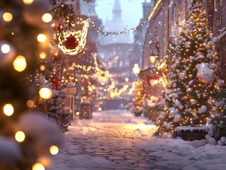 Obraz premium Snowy Christmas Street with Decorated Tree and Lights