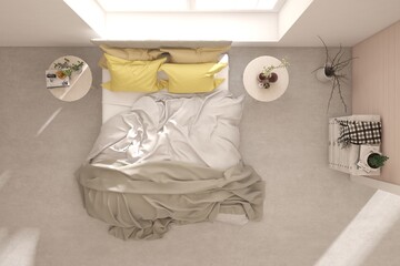 Top view of white bedroom concept with concrete floor. Scandinavian interior design. 3D illustration