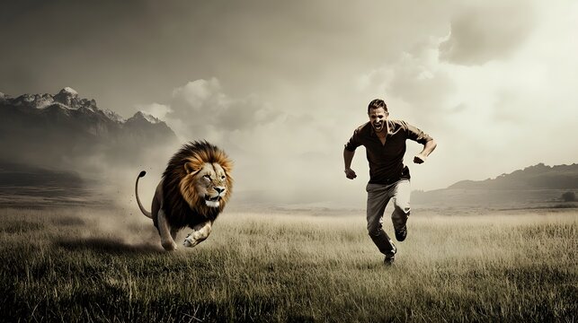 Man running away from a lion in a field.